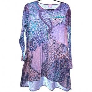 Chico’s Paisley Patchwork Tunic Top Purple Teal Pink Long Sleeve Boho Artsy
